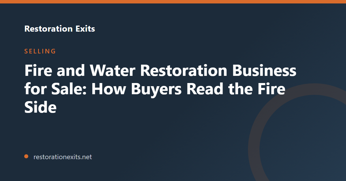 Title card reading Fire and Water Restoration Business for Sale: How Buyers Read the Fire Side on a navy background